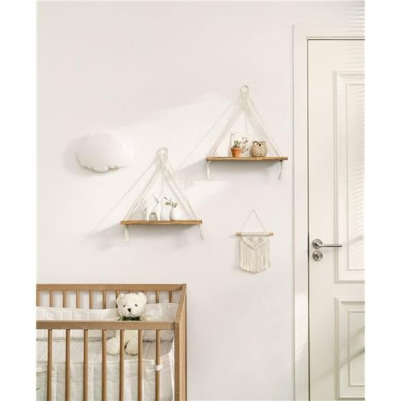 Mkono Macrame Hanging Shelves Set Boho Wood Wall Decor Floating Storage - Picture 5 of 7